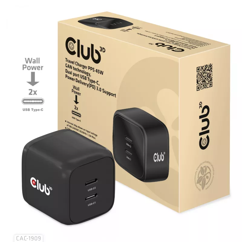 CLUB3D Reiseladegerät PPS 45W GAN-Technologie, Dual-Port USB Type-C, Power Delivery (PD) 3.0 Unterstützung