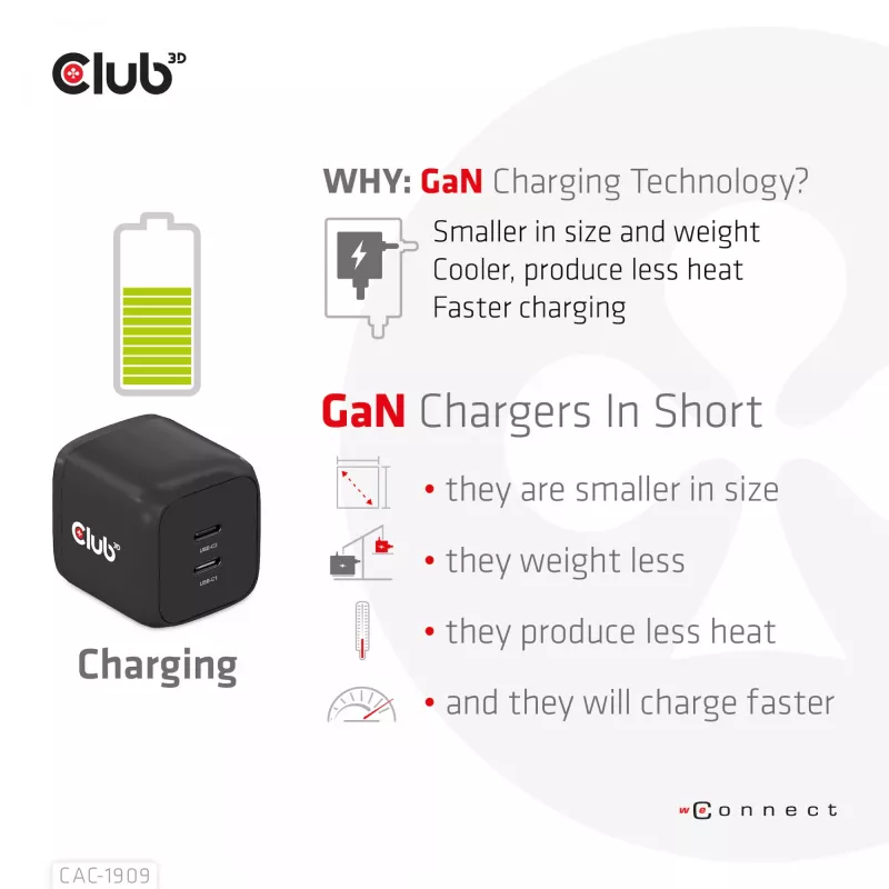 CLUB3D Reiseladegerät PPS 45W GAN-Technologie, Dual-Port USB Type-C, Power Delivery (PD) 3.0 Unterstützung