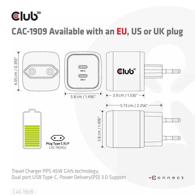 CLUB3D Reiseladegerät PPS 45W GAN-Technologie, Dual-Port USB Type-C, Power Delivery (PD) 3.0 Unterstützung
