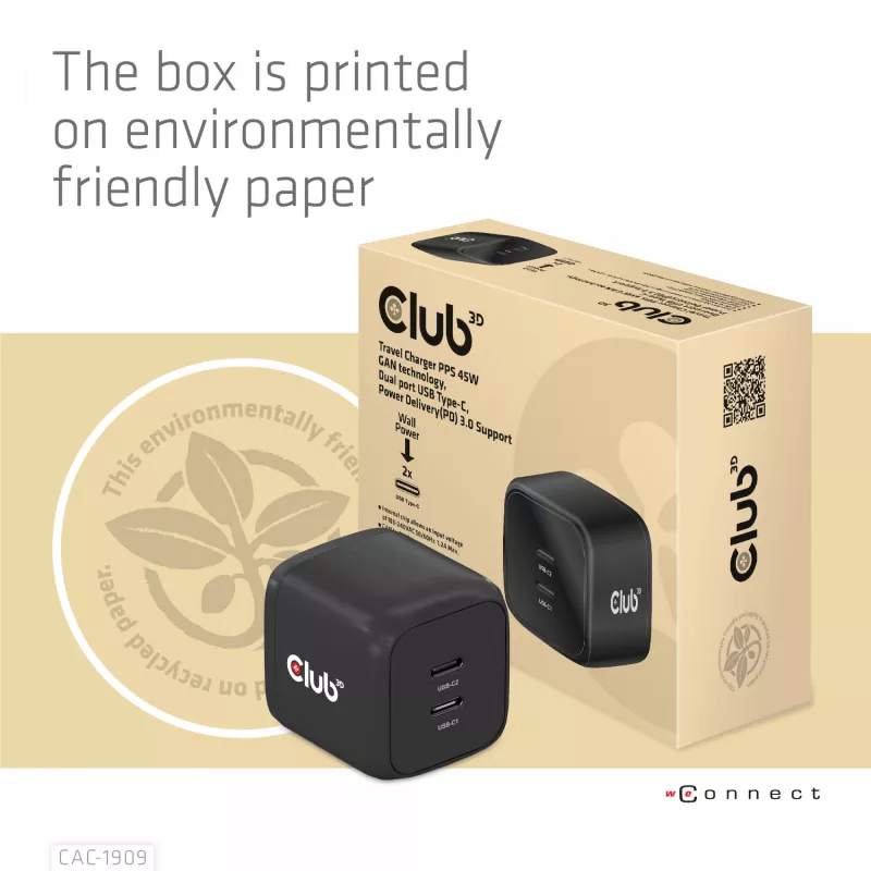 CLUB3D Reiseladegerät PPS 45W GAN-Technologie, Dual-Port USB Type-C, Power Delivery (PD) 3.0 Unterstützung