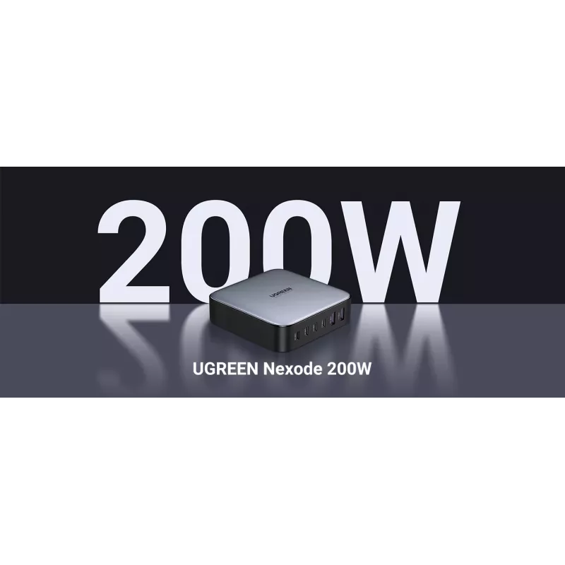 Ugreen 40914 Nexode 200W GaN Desktop-USB-C-USB-A-Ladegerät, für den Innenbereich, AC, 21 V, 5 A, 2 m, Schwarz, Grau