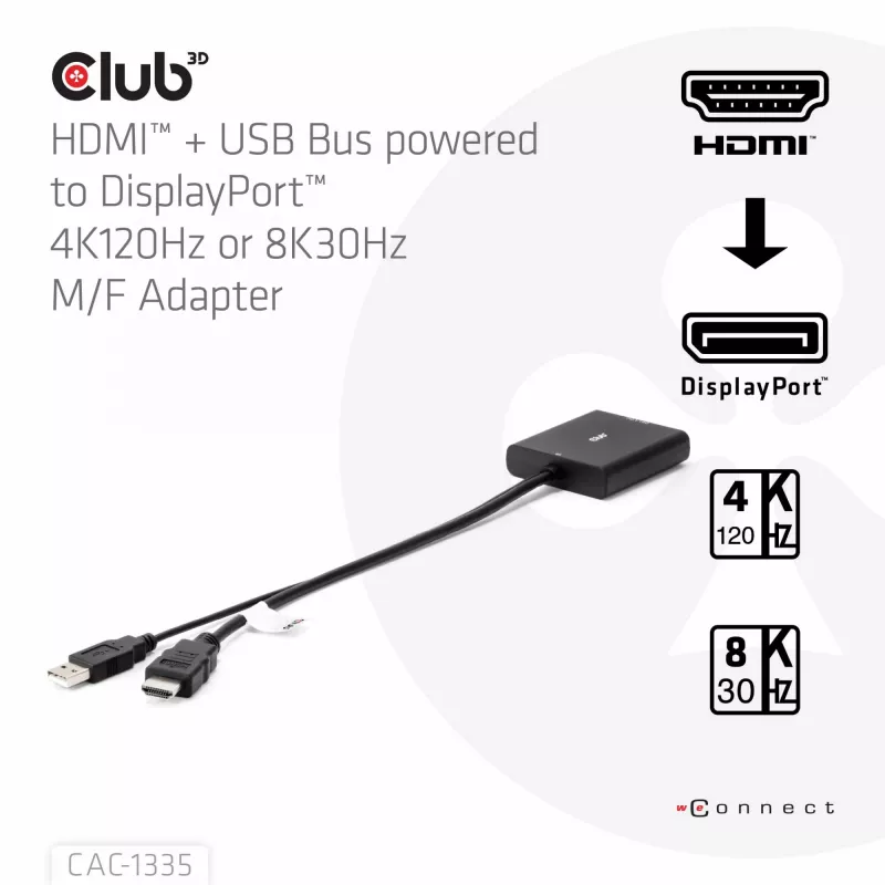 CLUB3D HDMI + Micro USB zu DisplayPort™ 4K120Hz oder 8K30Hz M/F aktiver Adapter