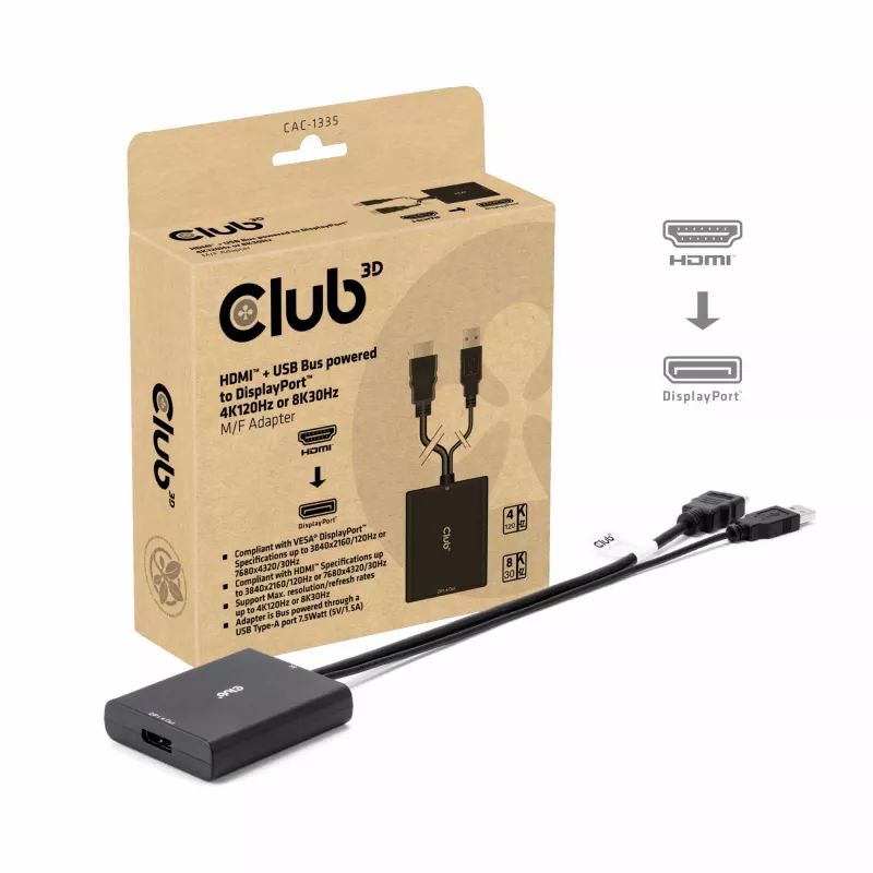 CLUB3D HDMI + Micro USB zu DisplayPort™ 4K120Hz oder 8K30Hz M/F aktiver Adapter