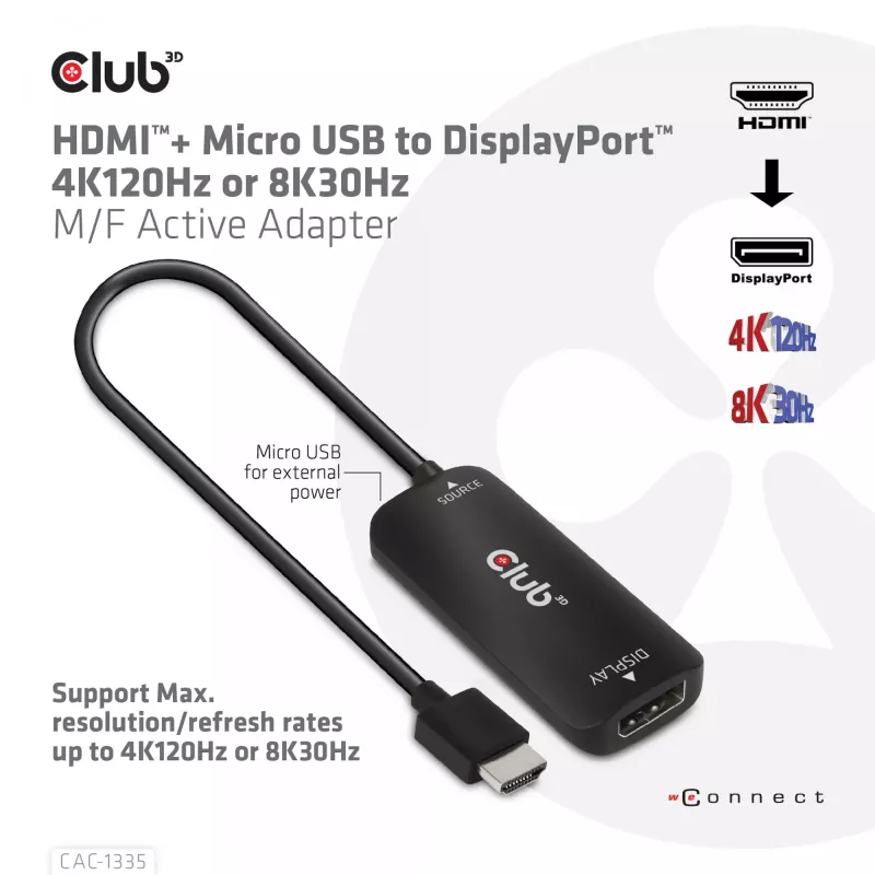 CLUB3D HDMI + Micro USB zu DisplayPort™ 4K120Hz oder 8K30Hz M/F aktiver Adapter