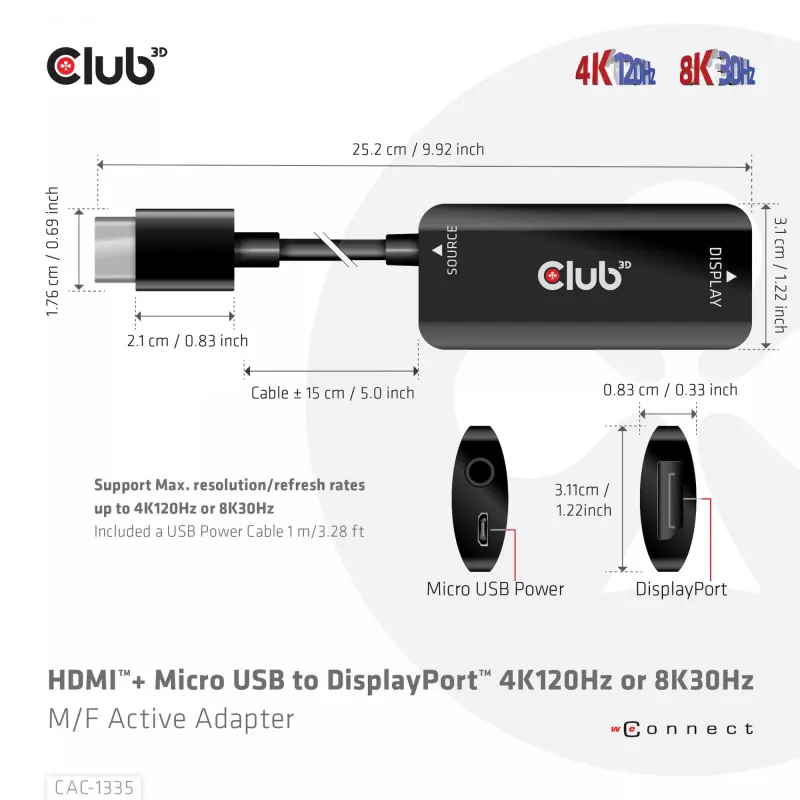 CLUB3D HDMI + Micro USB zu DisplayPort™ 4K120Hz oder 8K30Hz M/F aktiver Adapter