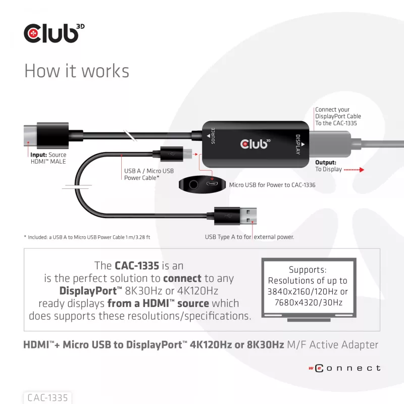 CLUB3D HDMI + Micro USB zu DisplayPort™ 4K120Hz oder 8K30Hz M/F aktiver Adapter