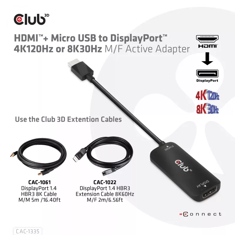 CLUB3D HDMI + Micro USB zu DisplayPort™ 4K120Hz oder 8K30Hz M/F aktiver Adapter