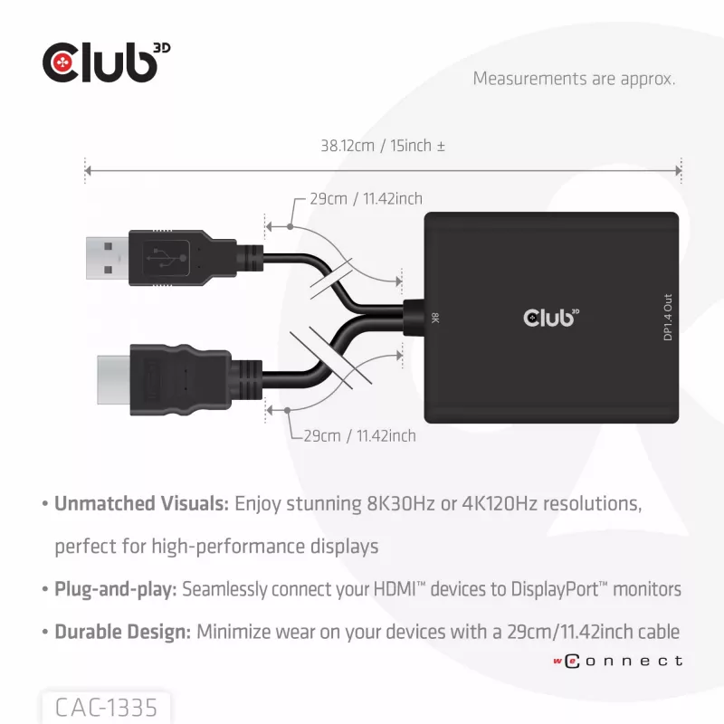 CLUB3D HDMI + Micro USB zu DisplayPort™ 4K120Hz oder 8K30Hz M/F aktiver Adapter