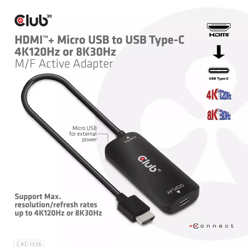 CLUB3D HDMI + Micro USB auf USB Typ-C 4K120Hz oder 8K30Hz M/F aktiver Adapter