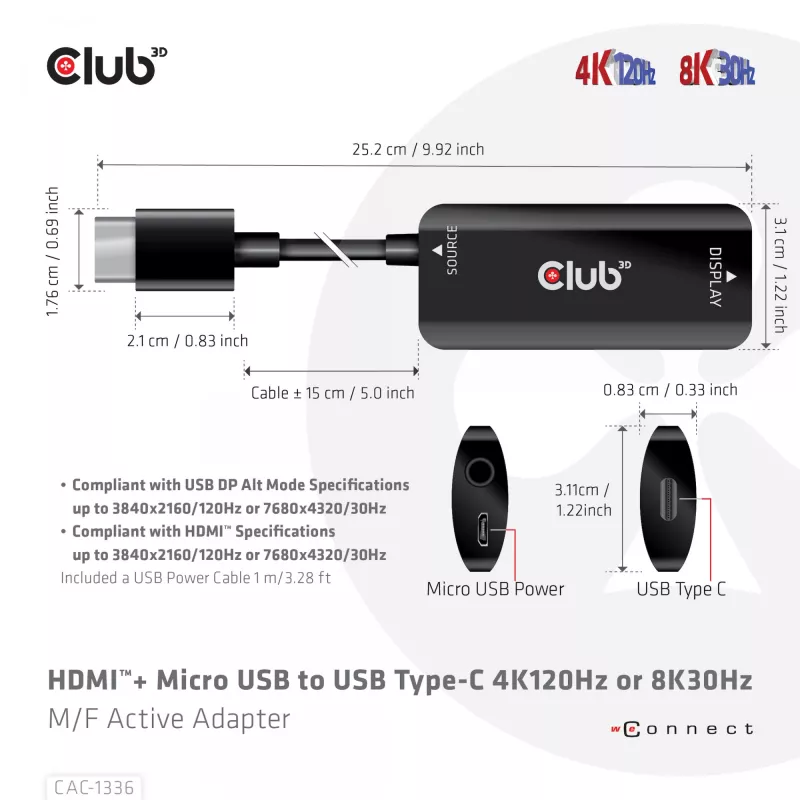 CLUB3D HDMI + Micro USB auf USB Typ-C 4K120Hz oder 8K30Hz M/F aktiver Adapter