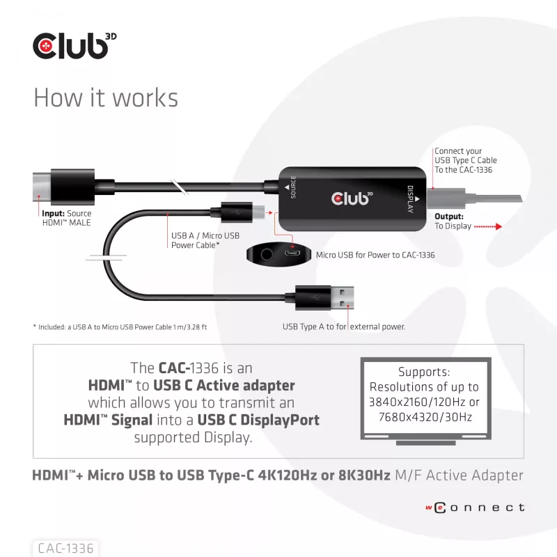 CLUB3D HDMI + Micro USB auf USB Typ-C 4K120Hz oder 8K30Hz M/F aktiver Adapter