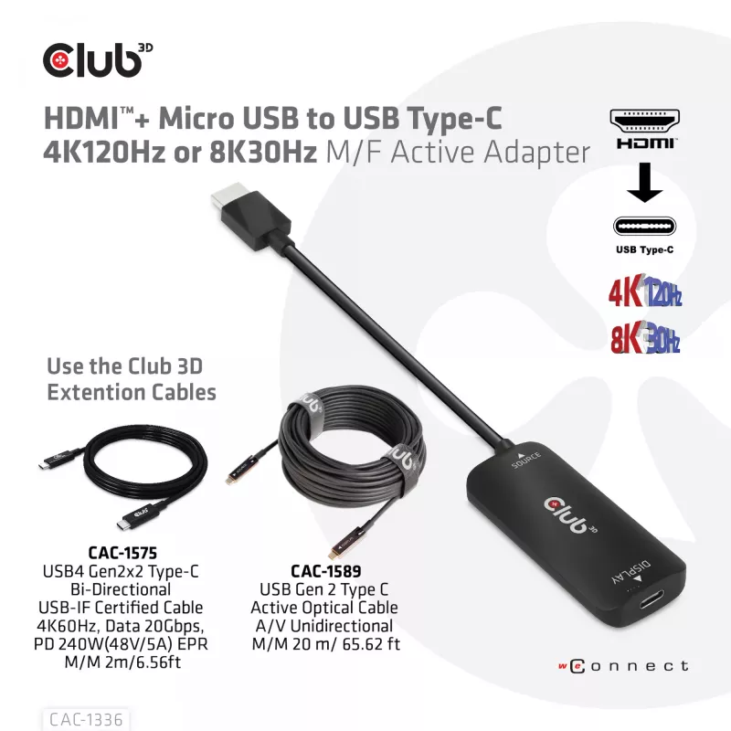 CLUB3D HDMI + Micro USB auf USB Typ-C 4K120Hz oder 8K30Hz M/F aktiver Adapter