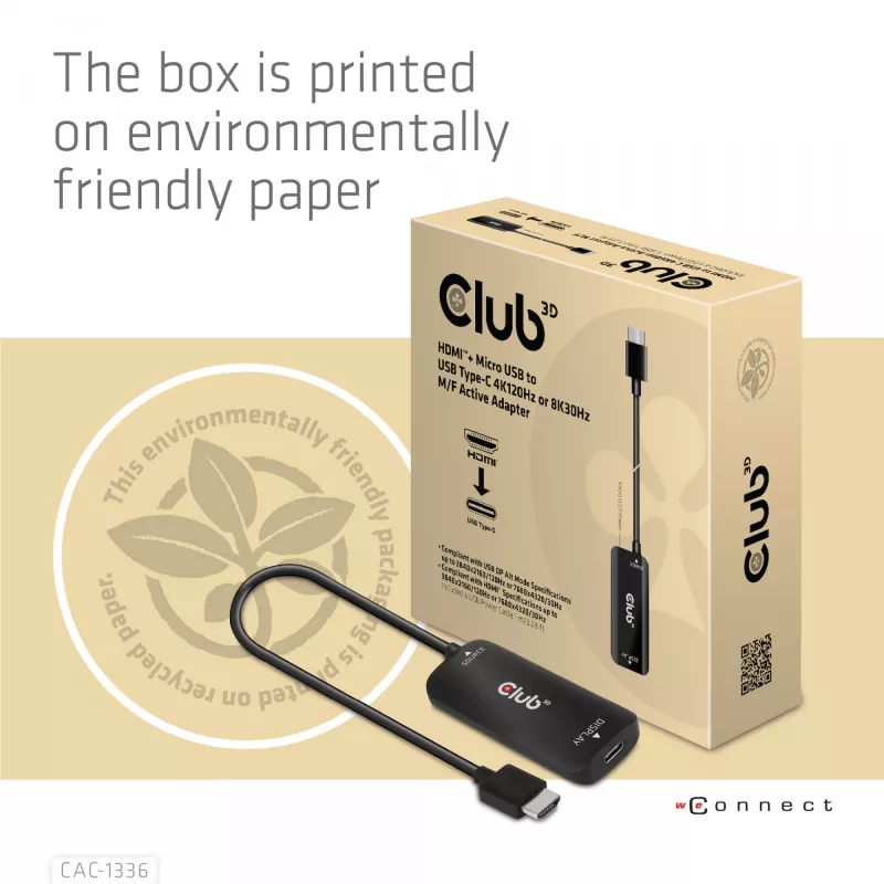 CLUB3D HDMI + Micro USB auf USB Typ-C 4K120Hz oder 8K30Hz M/F aktiver Adapter