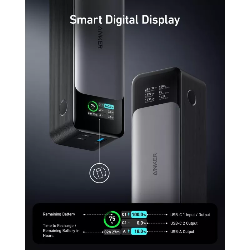 Tragbares Ladegerät Anker 737 (A1289011) – 24000 mAh, 140 W, 2× USB-C + 1× USB-A, Silber/Schwarz