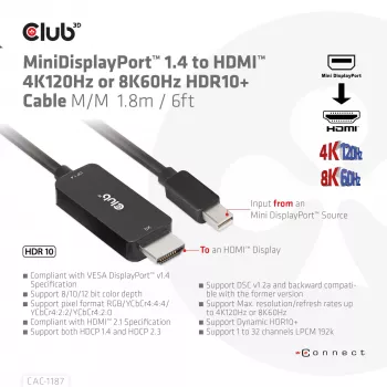 CLUB3D MiniDisplayPort 1.4 auf HDMI 4K120Hz oder 8K60Hz HDR10+ Kabel M/M 1,8m / 6ft