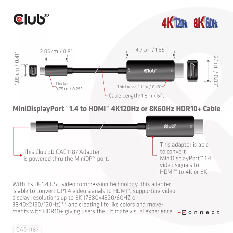 CLUB3D MiniDisplayPort 1.4 auf HDMI 4K120Hz oder 8K60Hz HDR10+ Kabel M/M 1,8m / 6ft