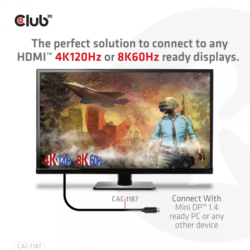 CLUB3D MiniDisplayPort 1.4 auf HDMI 4K120Hz oder 8K60Hz HDR10+ Kabel M/M 1,8m / 6ft