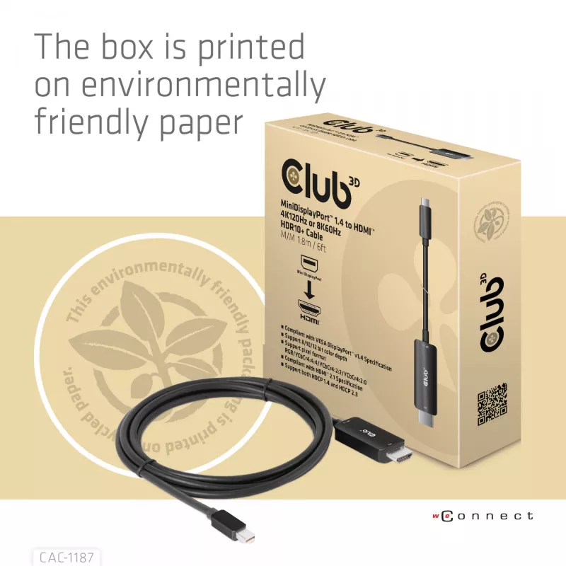 CLUB3D MiniDisplayPort 1.4 auf HDMI 4K120Hz oder 8K60Hz HDR10+ Kabel M/M 1,8m / 6ft