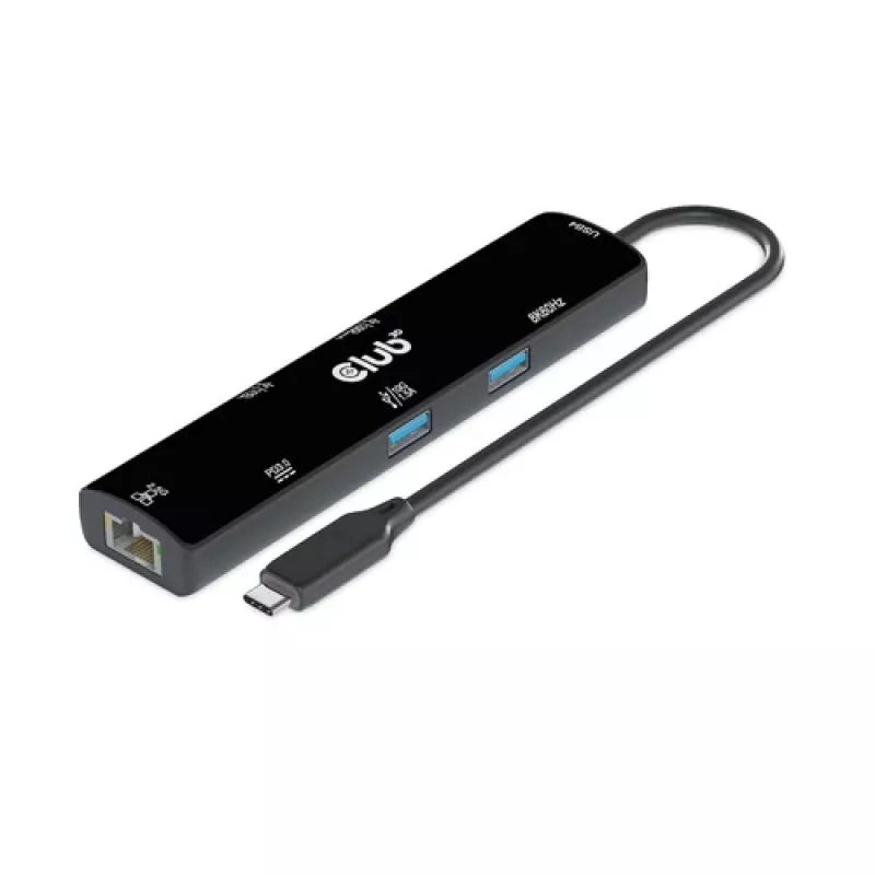 CLUB3D USB4™ Gen3x2 Type-C, 6-in-1-Hub mit HDMI™ 8K60Hz oder 4K120Hz, 2xUSB Type-A(10G), Ethernet RJ45(2.5G) und 2xUSB Type-C, 1x Data(10G) und 1xPD3.0 Laden 100 W