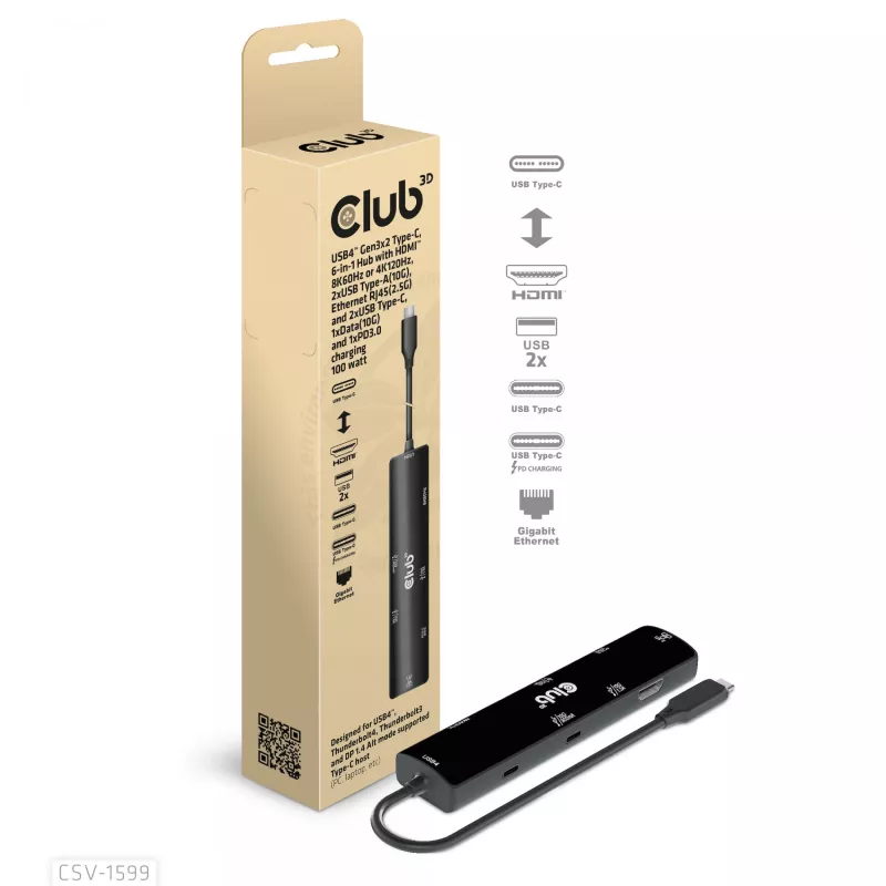 CLUB3D USB4™ Gen3x2 Type-C, 6-in-1-Hub mit HDMI™ 8K60Hz oder 4K120Hz, 2xUSB Type-A(10G), Ethernet RJ45(2.5G) und 2xUSB Type-C, 1x Data(10G) und 1xPD3.0 Laden 100 W