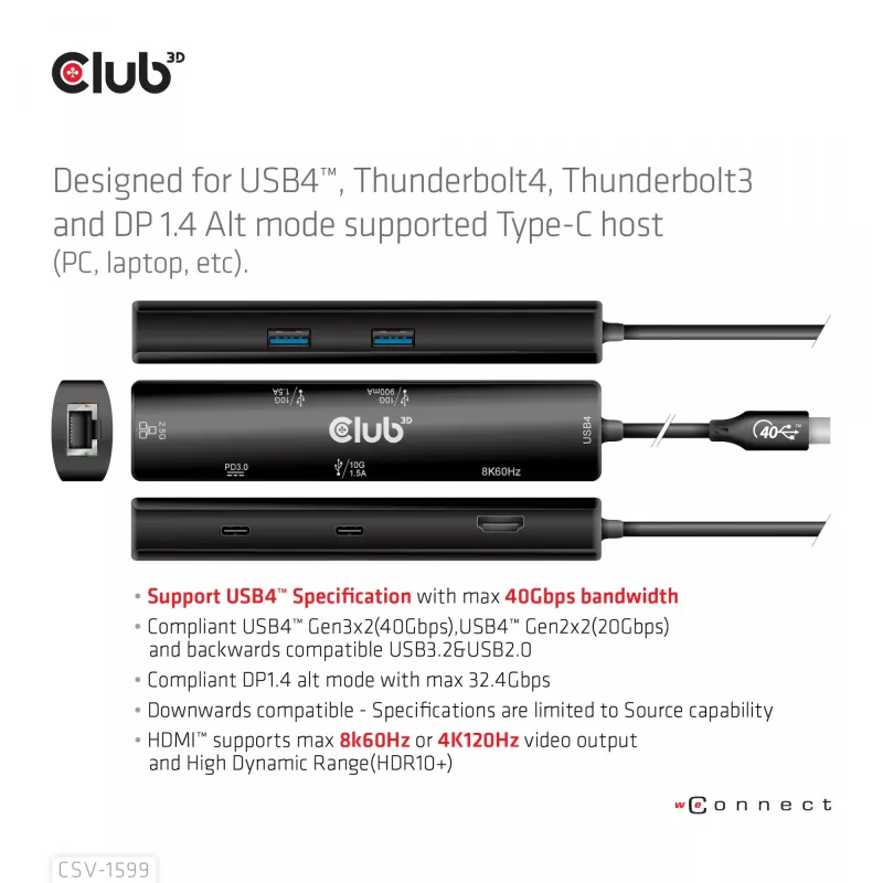 CLUB3D USB4™ Gen3x2 Type-C, 6-in-1-Hub mit HDMI™ 8K60Hz oder 4K120Hz, 2xUSB Type-A(10G), Ethernet RJ45(2.5G) und 2xUSB Type-C, 1x Data(10G) und 1xPD3.0 Laden 100 W