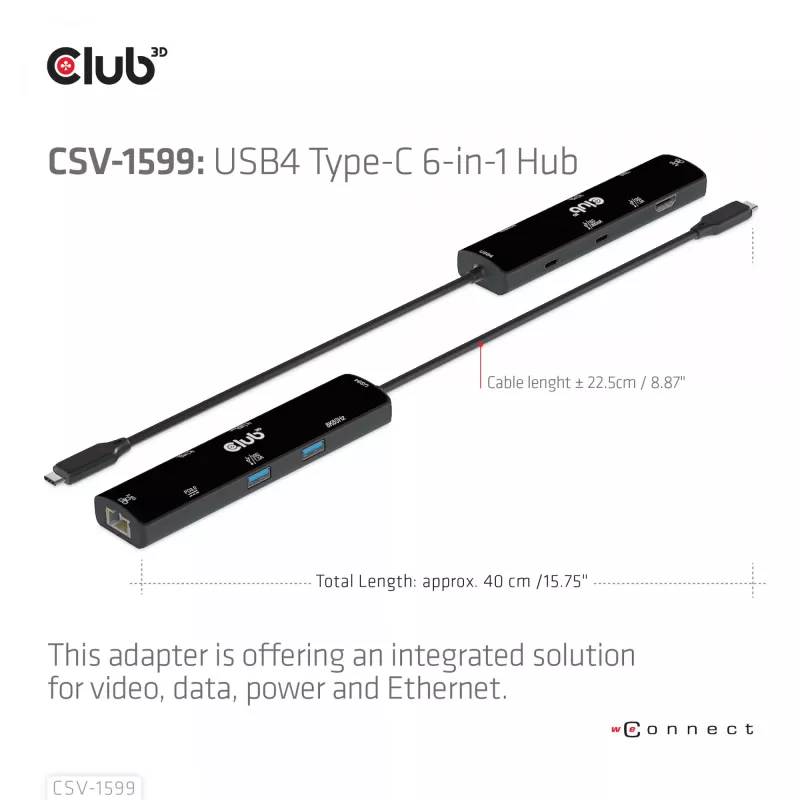 CLUB3D USB4™ Gen3x2 Type-C, 6-in-1-Hub mit HDMI™ 8K60Hz oder 4K120Hz, 2xUSB Type-A(10G), Ethernet RJ45(2.5G) und 2xUSB Type-C, 1x Data(10G) und 1xPD3.0 Laden 100 W