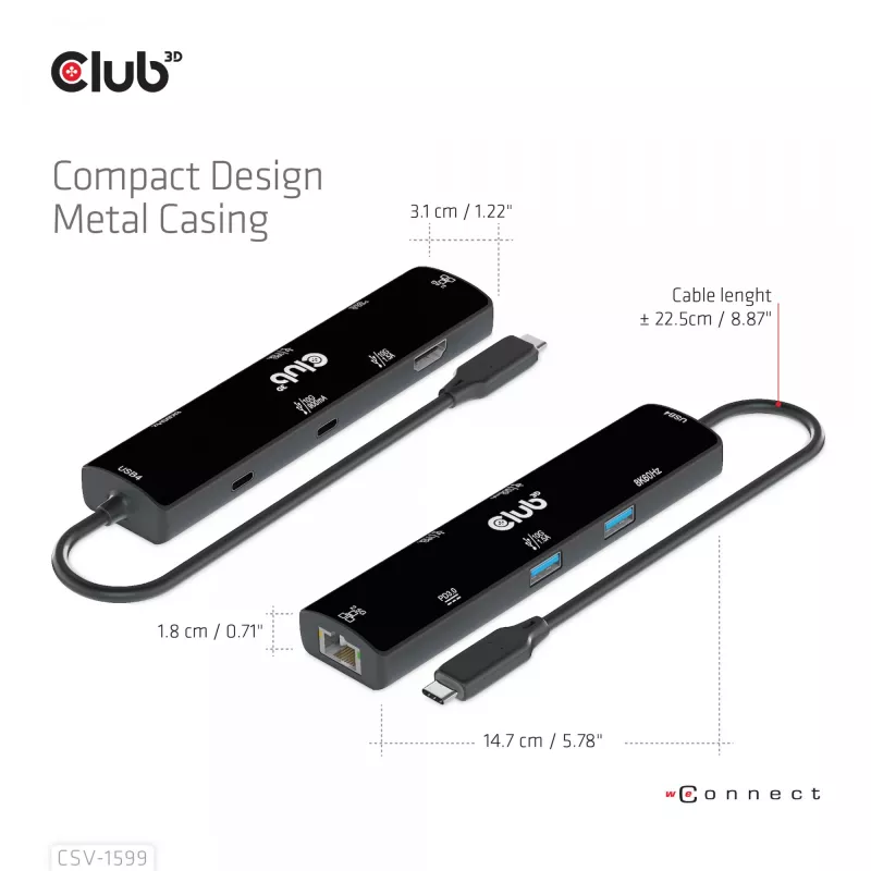 CLUB3D USB4™ Gen3x2 Type-C, 6-in-1-Hub mit HDMI™ 8K60Hz oder 4K120Hz, 2xUSB Type-A(10G), Ethernet RJ45(2.5G) und 2xUSB Type-C, 1x Data(10G) und 1xPD3.0 Laden 100 W