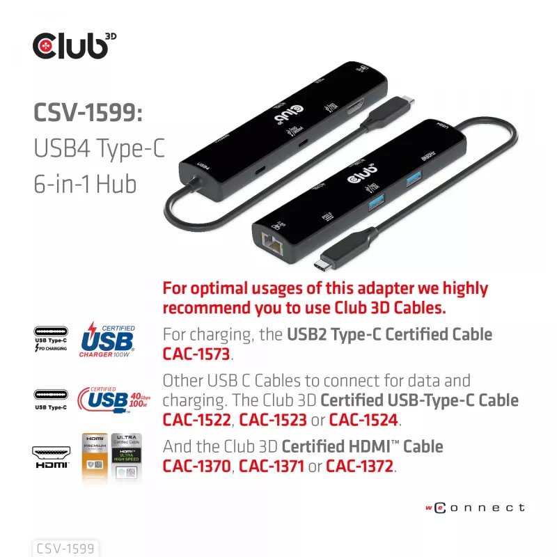 CLUB3D USB4™ Gen3x2 Type-C, 6-in-1-Hub mit HDMI™ 8K60Hz oder 4K120Hz, 2xUSB Type-A(10G), Ethernet RJ45(2.5G) und 2xUSB Type-C, 1x Data(10G) und 1xPD3.0 Laden 100 W