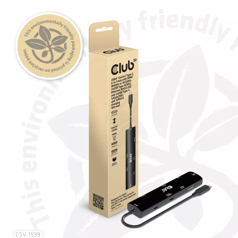 CLUB3D USB4™ Gen3x2 Type-C, 6-in-1-Hub mit HDMI™ 8K60Hz oder 4K120Hz, 2xUSB Type-A(10G), Ethernet RJ45(2.5G) und 2xUSB Type-C, 1x Data(10G) und 1xPD3.0 Laden 100 W