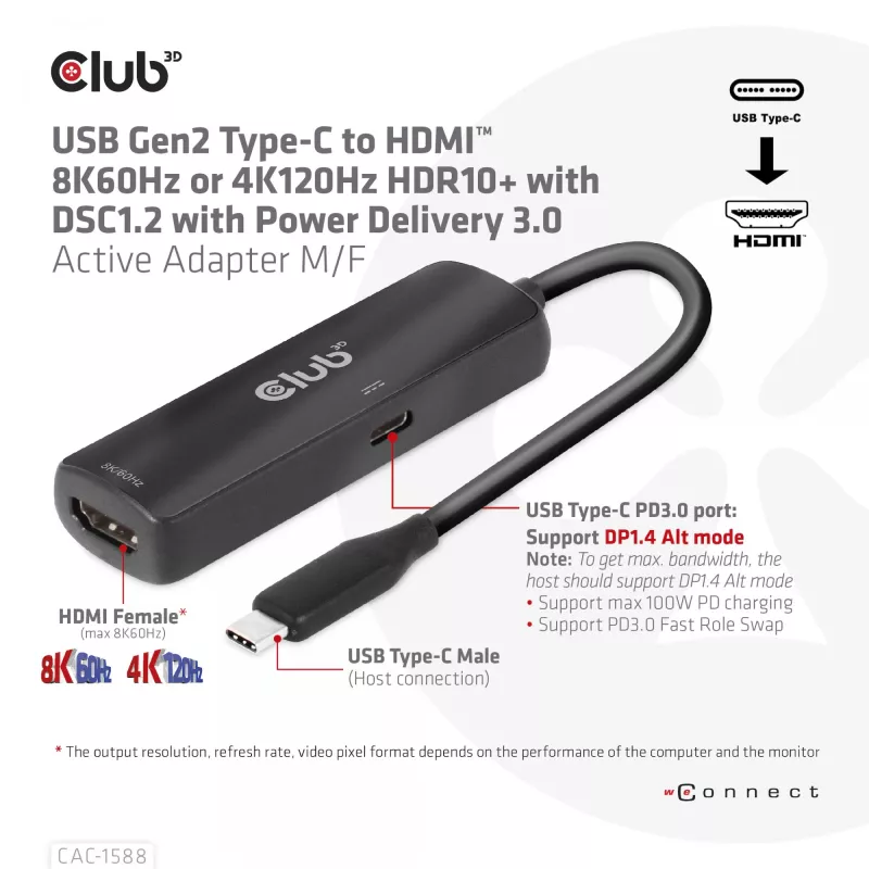 CLUB3D USB Gen2 Type-C auf HDMI™ 8K60Hz oder 4K120Hz HDR10+ mit DSC1.2 mit Power Delivery 3.0 Aktiver Adapter M/F