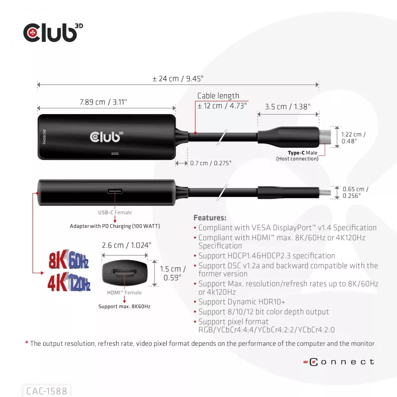 CLUB3D USB Gen2 Type-C auf HDMI™ 8K60Hz oder 4K120Hz HDR10+ mit DSC1.2 mit Power Delivery 3.0 Aktiver Adapter M/F