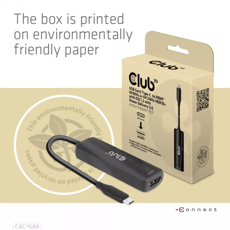 CLUB3D USB Gen2 Type-C auf HDMI™ 8K60Hz oder 4K120Hz HDR10+ mit DSC1.2 mit Power Delivery 3.0 Aktiver Adapter M/F