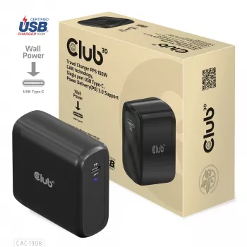 CLUB3D Reiseladegerät 100 Watt GaN-Technologie, USB-IF TID zertifiziert, Einzelanschluss USB Type-C, Power Delivery(PD) 3.0 Unterstützung