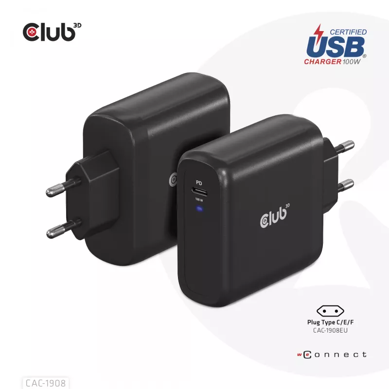 CLUB3D Reiseladegerät 100 Watt GaN-Technologie, USB-IF TID zertifiziert, Einzelanschluss USB Type-C, Power Delivery(PD) 3.0 Unterstützung