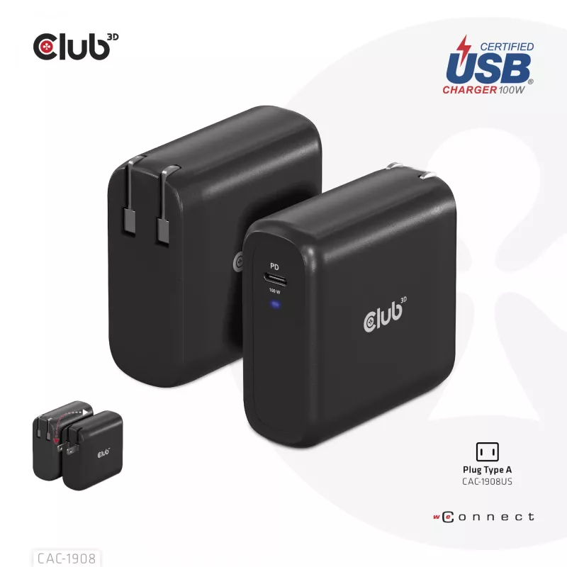 CLUB3D Reiseladegerät 100 Watt GaN-Technologie, USB-IF TID zertifiziert, Einzelanschluss USB Type-C, Power Delivery(PD) 3.0 Unterstützung