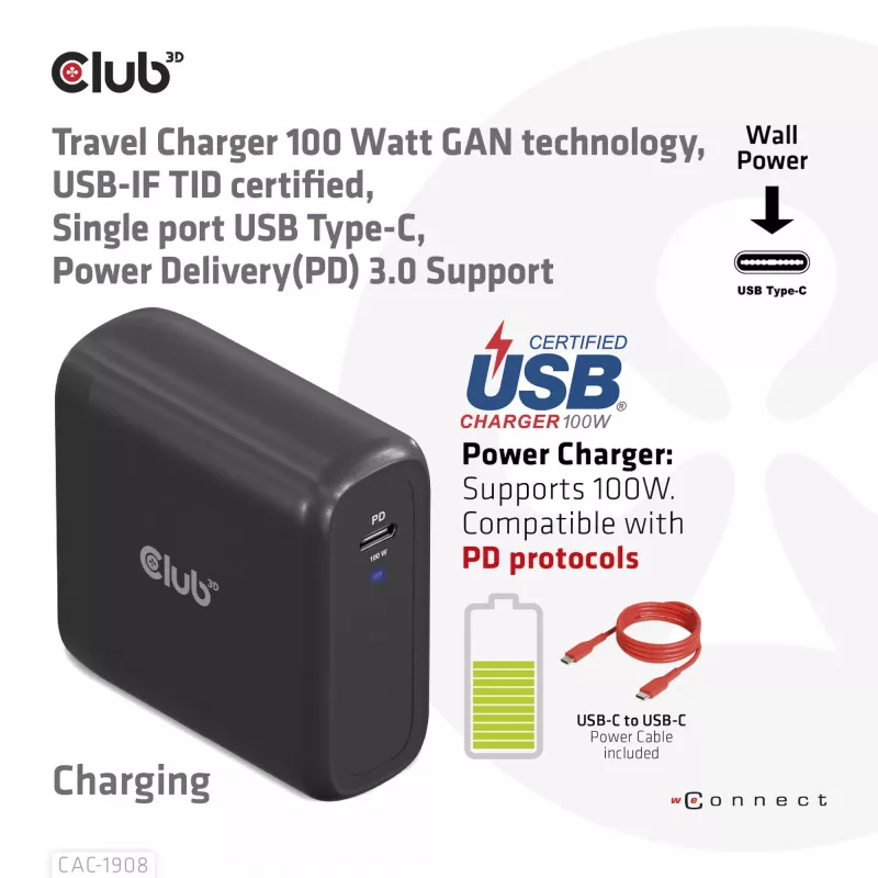 CLUB3D Reiseladegerät 100 Watt GaN-Technologie, USB-IF TID zertifiziert, Einzelanschluss USB Type-C, Power Delivery(PD) 3.0 Unterstützung