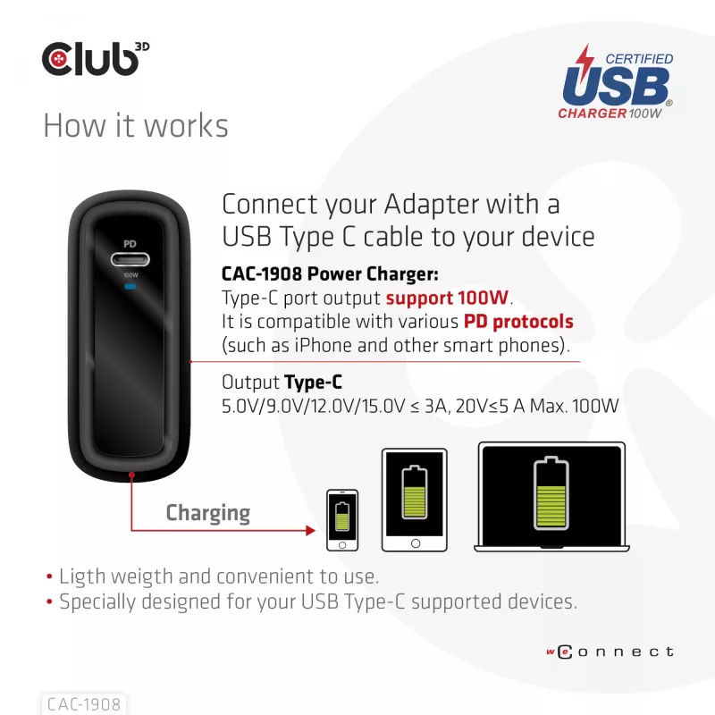 CLUB3D Reiseladegerät 100 Watt GaN-Technologie, USB-IF TID zertifiziert, Einzelanschluss USB Type-C, Power Delivery(PD) 3.0 Unterstützung