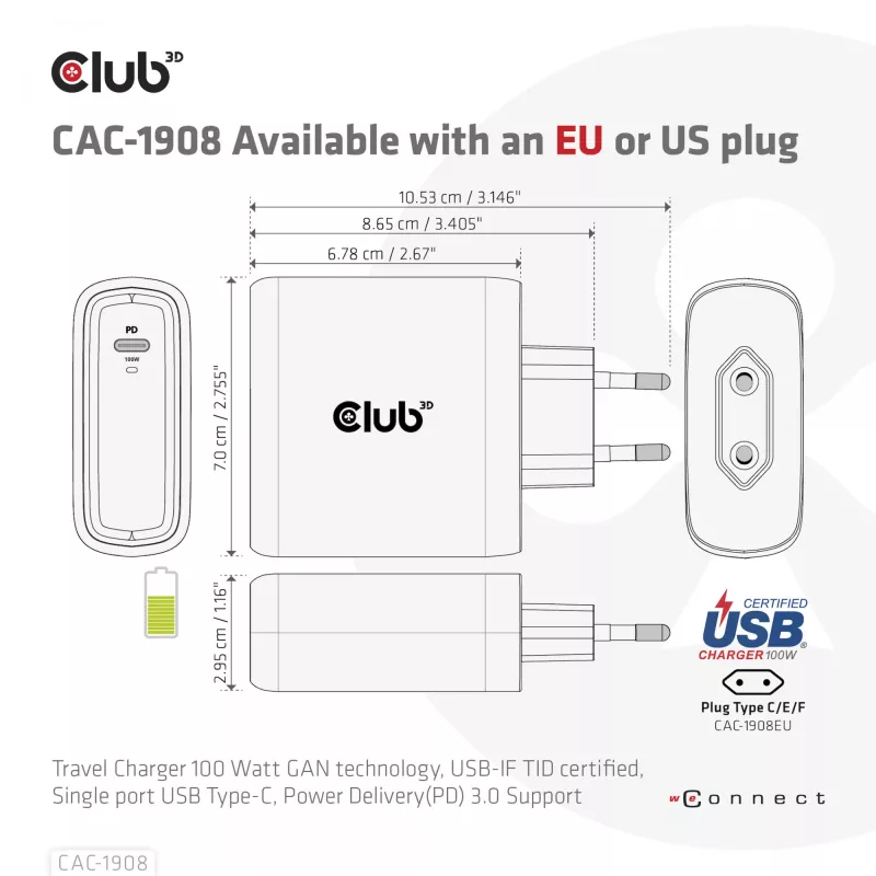 CLUB3D Reiseladegerät 100 Watt GaN-Technologie, USB-IF TID zertifiziert, Einzelanschluss USB Type-C, Power Delivery(PD) 3.0 Unterstützung