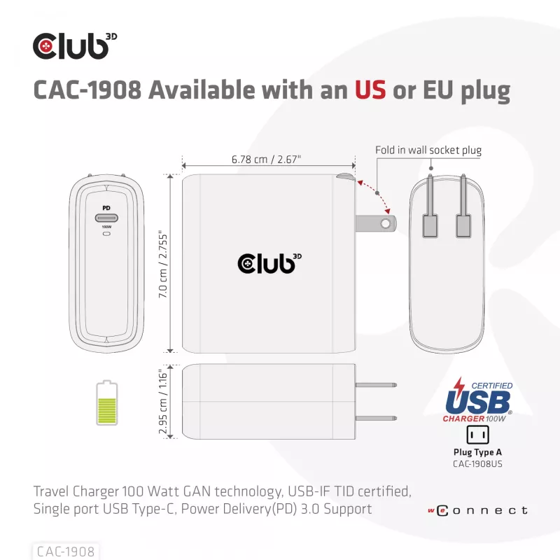 CLUB3D Reiseladegerät 100 Watt GaN-Technologie, USB-IF TID zertifiziert, Einzelanschluss USB Type-C, Power Delivery(PD) 3.0 Unterstützung