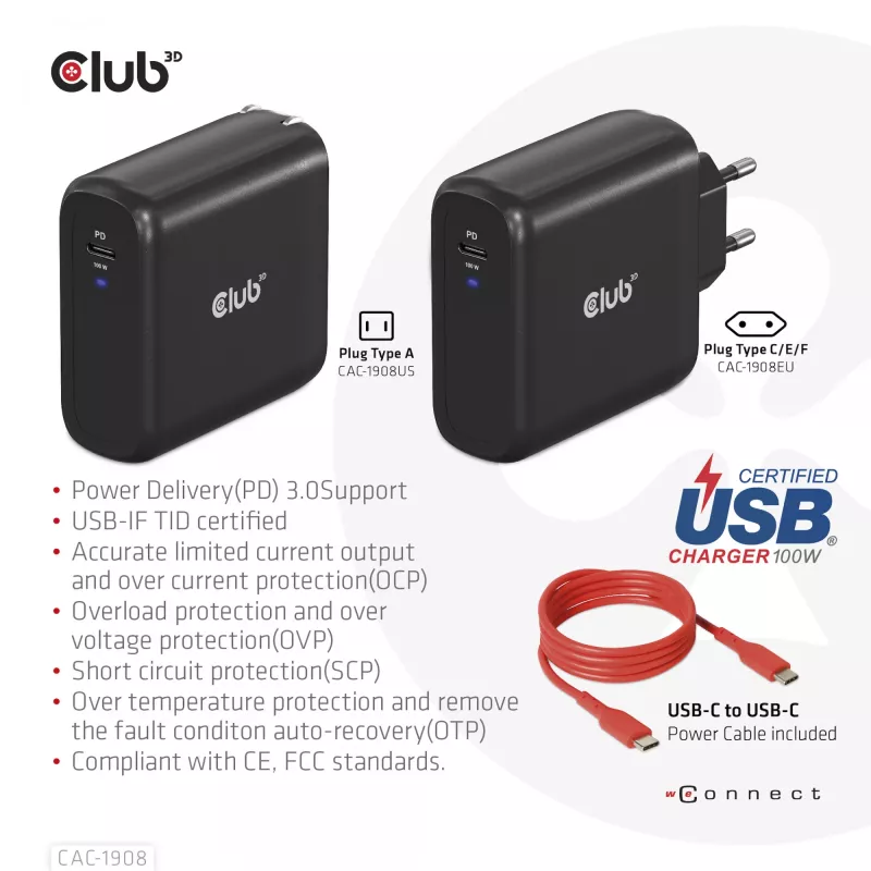 CLUB3D Reiseladegerät 100 Watt GaN-Technologie, USB-IF TID zertifiziert, Einzelanschluss USB Type-C, Power Delivery(PD) 3.0 Unterstützung