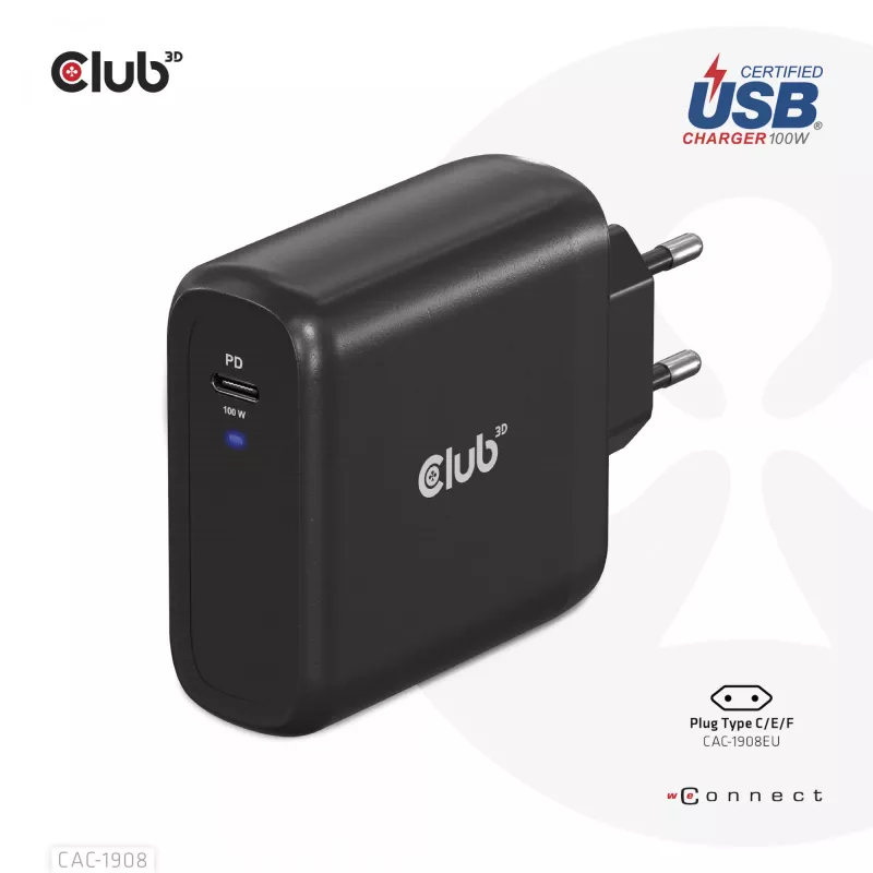 CLUB3D Reiseladegerät 100 Watt GaN-Technologie, USB-IF TID zertifiziert, Einzelanschluss USB Type-C, Power Delivery(PD) 3.0 Unterstützung