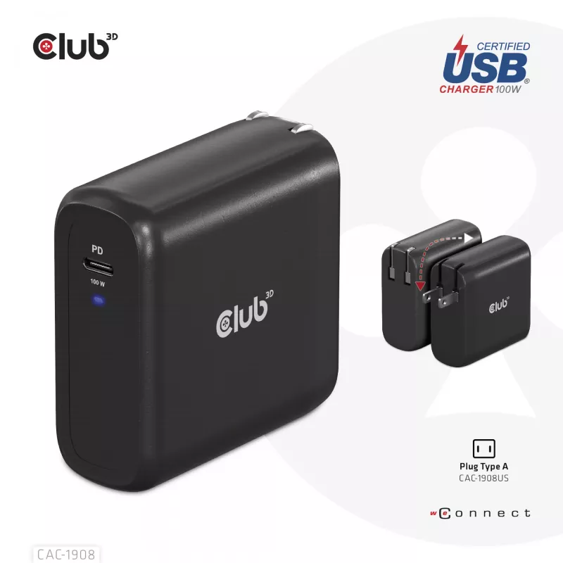 CLUB3D Reiseladegerät 100 Watt GaN-Technologie, USB-IF TID zertifiziert, Einzelanschluss USB Type-C, Power Delivery(PD) 3.0 Unterstützung