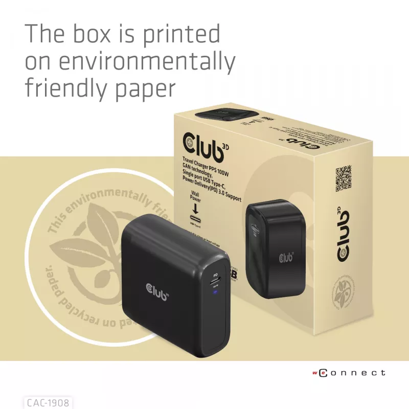 CLUB3D Reiseladegerät 100 Watt GaN-Technologie, USB-IF TID zertifiziert, Einzelanschluss USB Type-C, Power Delivery(PD) 3.0 Unterstützung