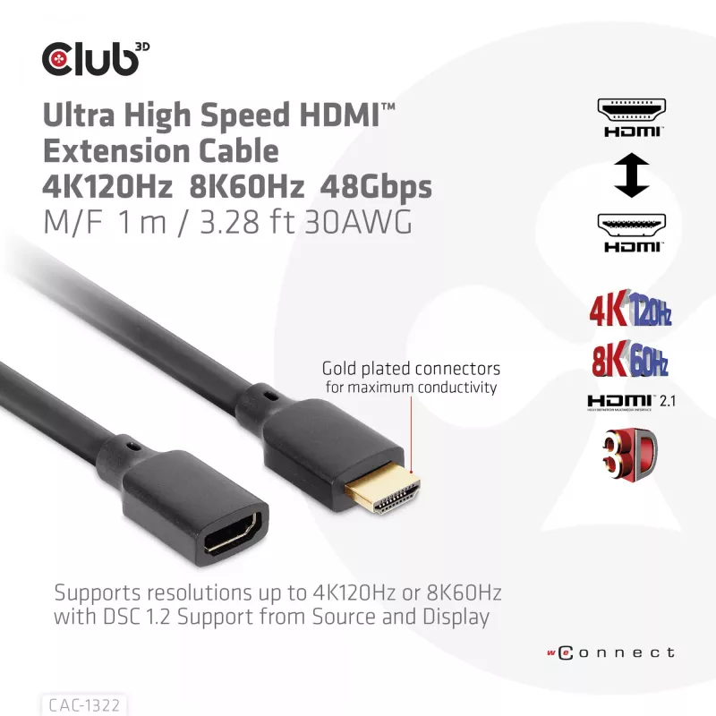 CLUB3D Ultra High Speed HDMI Verlängerungskabel 4K120Hz 8K60Hz 48Gbps M/F 1 m / 3,28 ft 30AWG