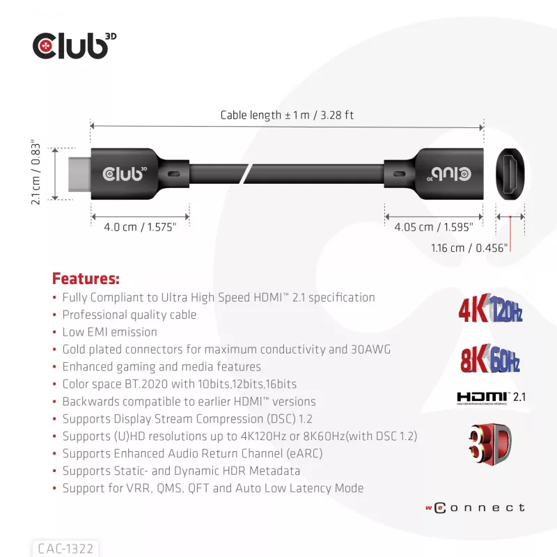 CLUB3D Ultra High Speed HDMI Verlängerungskabel 4K120Hz 8K60Hz 48Gbps M/F 1 m / 3,28 ft 30AWG