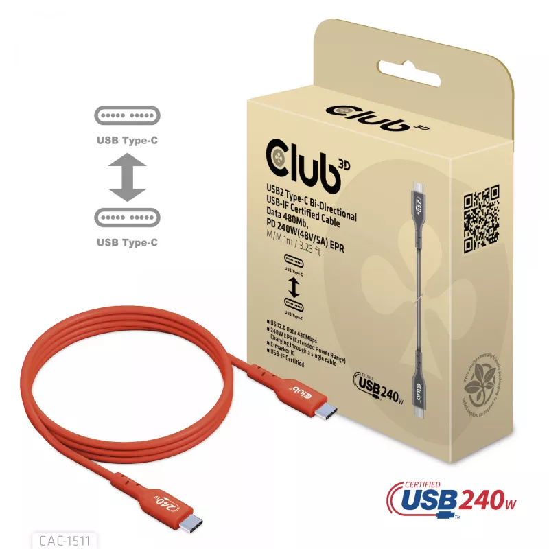 CLUB3D USB2 Type-C bidirektionales USB-IF-zertifiziertes Kabel für Daten 480Mb, PD 240W(48V/5A) EPR M/M 1m / 3.23 ft