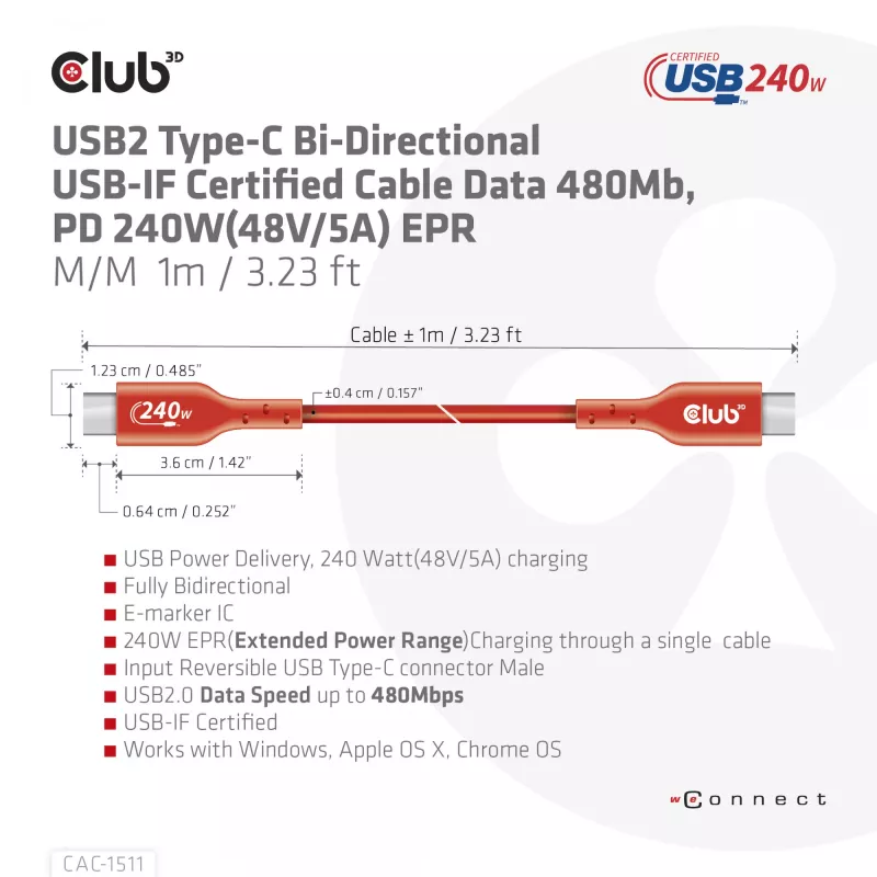 CLUB3D USB2 Type-C bidirektionales USB-IF-zertifiziertes Kabel für Daten 480Mb, PD 240W(48V/5A) EPR M/M 1m / 3.23 ft