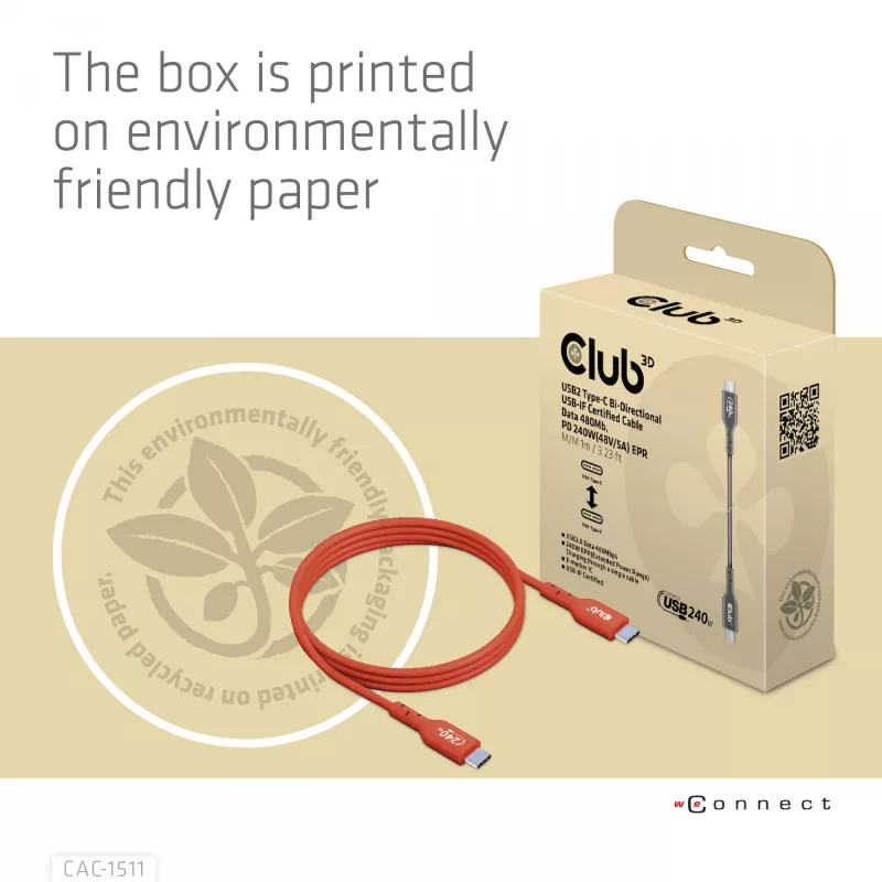 CLUB3D USB2 Type-C bidirektionales USB-IF-zertifiziertes Kabel für Daten 480Mb, PD 240W(48V/5A) EPR M/M 1m / 3.23 ft