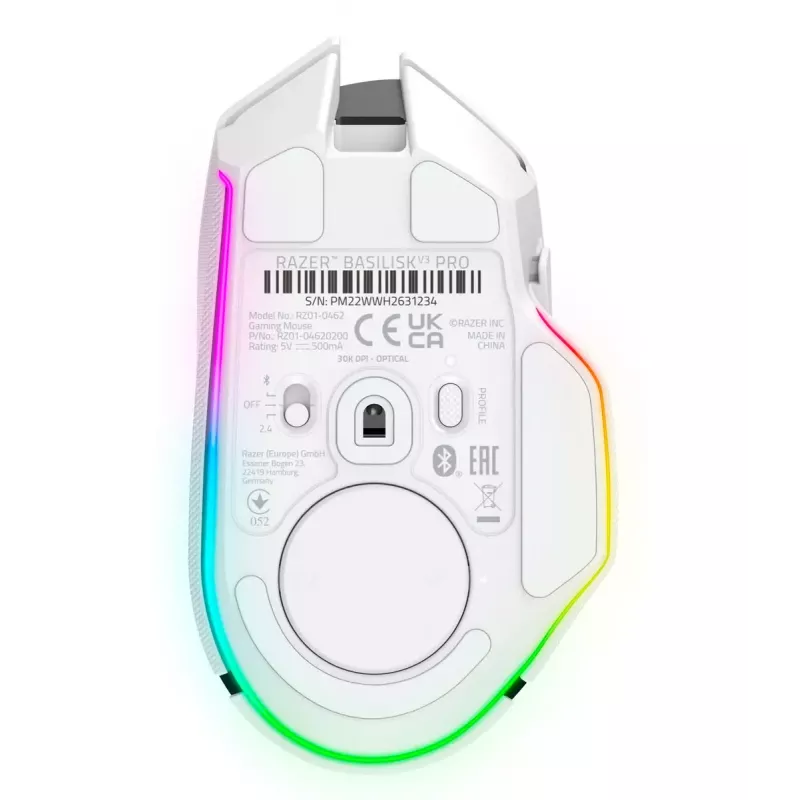 Gaming-Maus Razer Basilisk V3 Pro — rechtshändig, optisch 30.000 DPI, RF Wireless/Bluetooth/USB-C, weiß