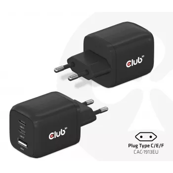 CLUB3D Reiseladegerät PPS 65Watt GAN-Technologie, Dreifachanschluss (2x USB Typ-C + USB Typ-A) Power Delivery (PD) 3.0 Unterstützung